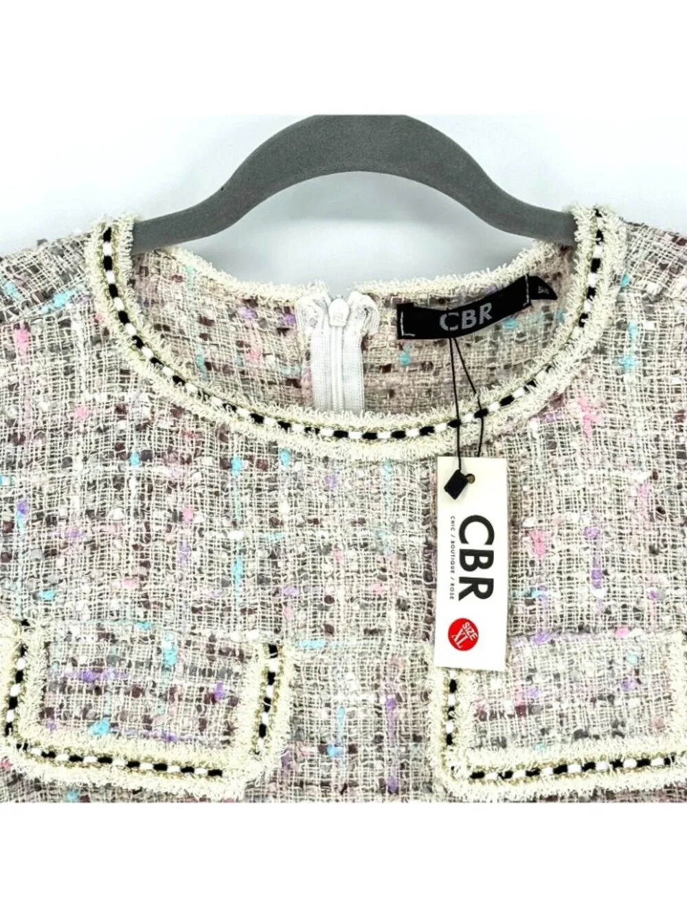 CBR Chic Boutique Tweed Dress Women’s XL Long Sleeve Textured Cream Multi Pocket
